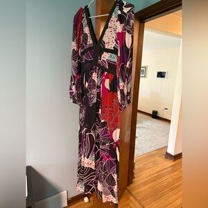 Anthropologie Pink and Purple Wrap Sundress with Bishop Sleeves